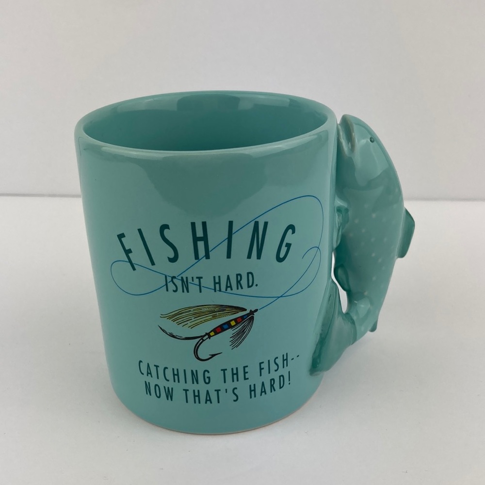 Hallmark Fishing Graphic Coffee Mug 3D Fish Handle 4”